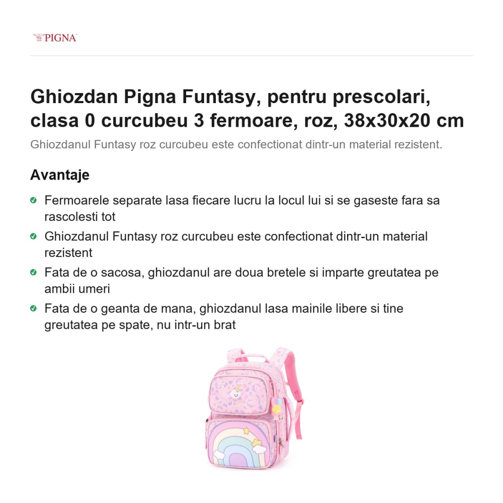 Ghiozdan Pigna Funtasy, pentru prescolari, curcubeu 3 fermoare, roz, 38x30x20 cm [2]