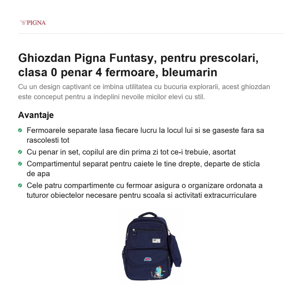 Ghiozdan Pigna Funtasy, pentru prescolari, penar 4 fermoare, bleumarin [2]