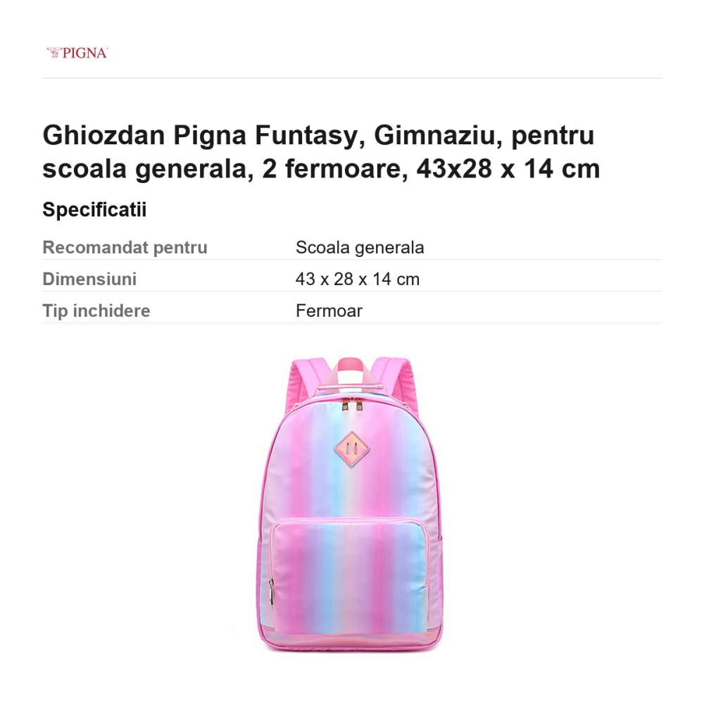 Ghiozdan Pigna Funtasy, pentru scoala generala, 2 fermoare, 43x28 x 14 cm [3]