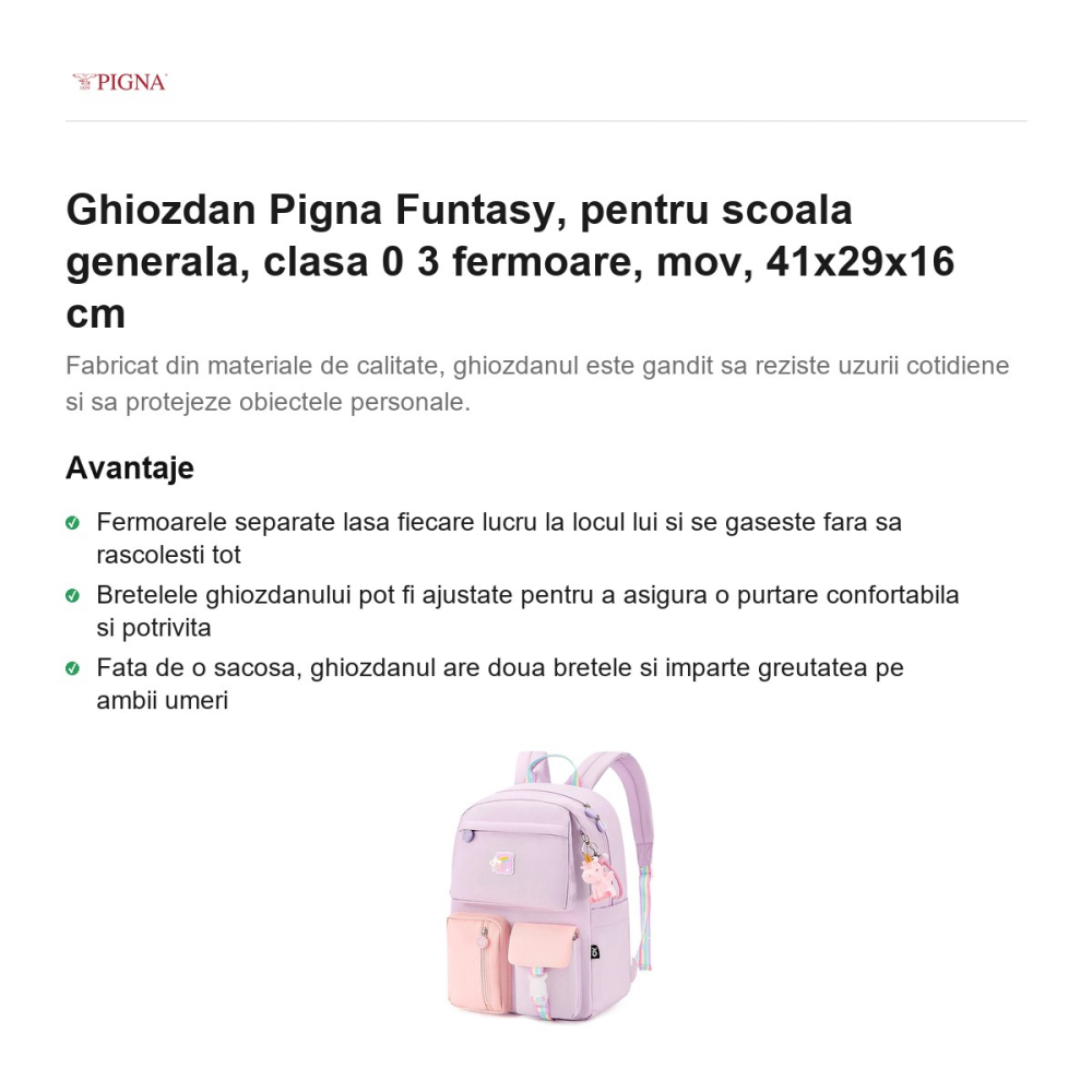 Ghiozdan Pigna Funtasy, pentru scoala generala, clasa 0 3 fermoare, mov, 41x29x16 cm [2]