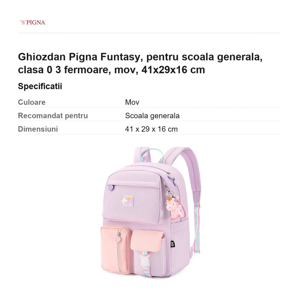 Ghiozdan Pigna Funtasy, pentru scoala generala, clasa 0 3 fermoare, mov, 41x29x16 cm [3]