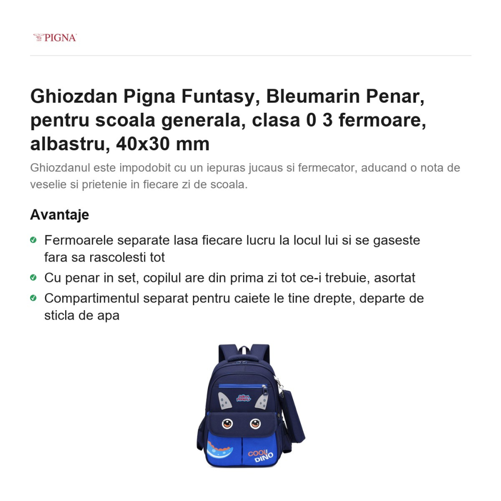Ghiozdan Pigna Funtasy, pentru scoala generala, clasa 0 bleumarin penar 3 fermoare, albastru, 40x30 mm [2]