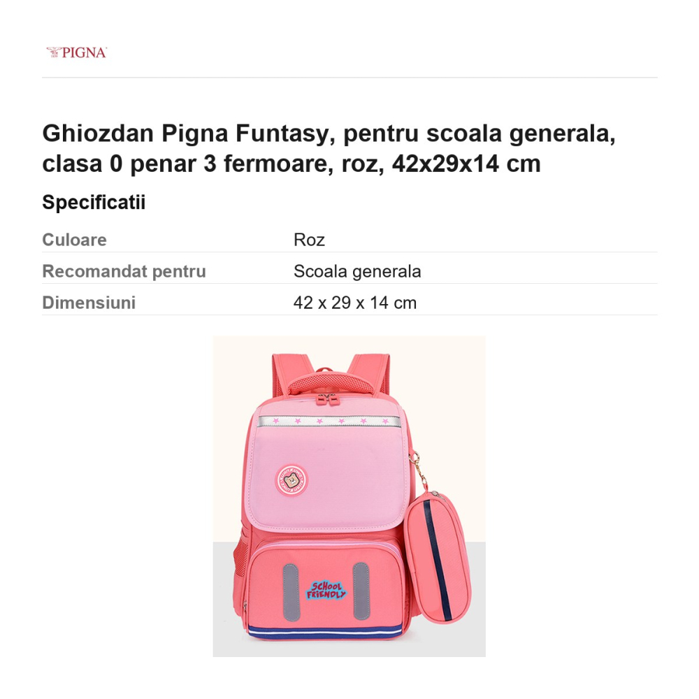 Ghiozdan Pigna Funtasy, pentru scoala generala, clasa 0 penar 3 fermoare, roz, 42x29x14 cm [3]