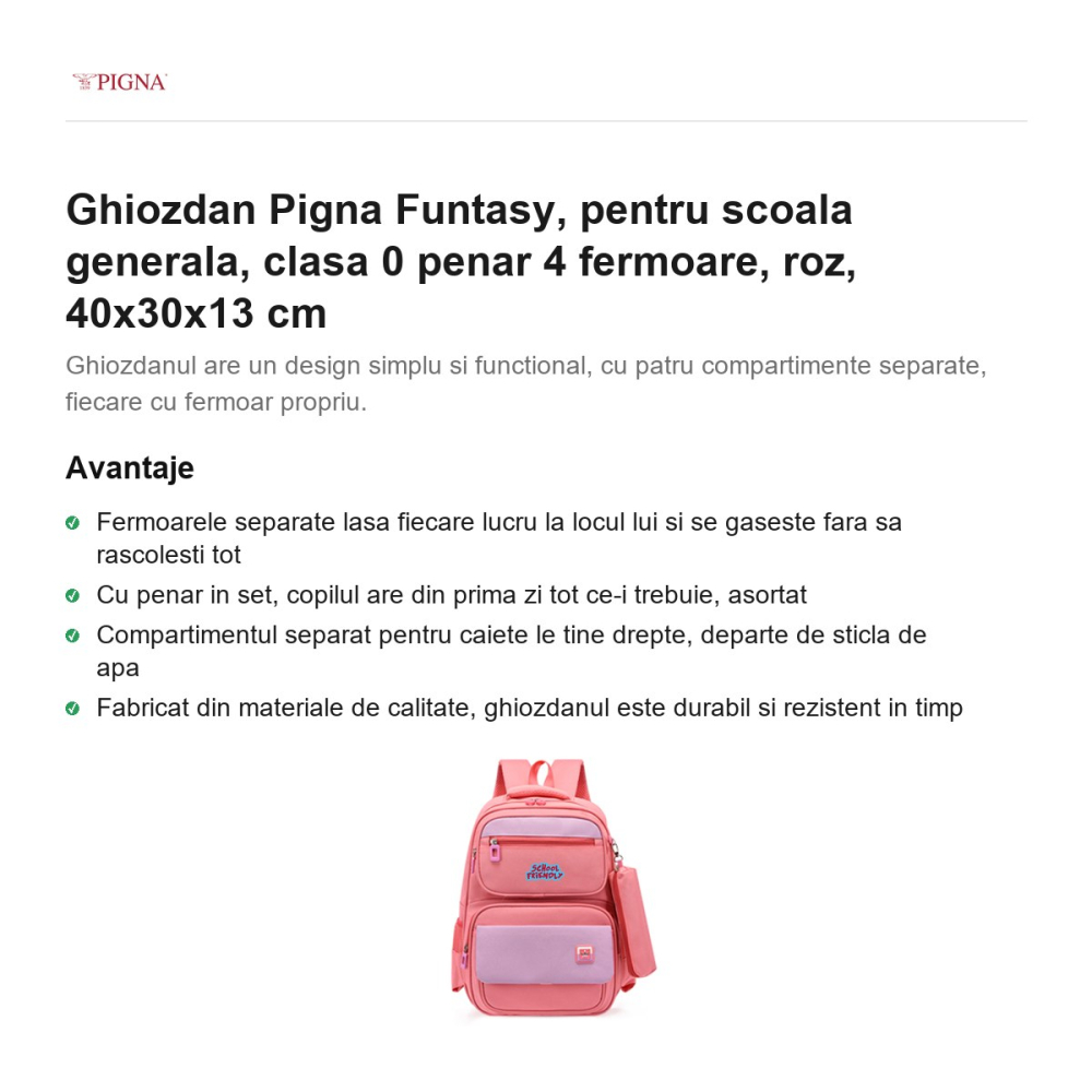 Ghiozdan Pigna Funtasy, pentru scoala generala, clasa 0 penar 4 fermoare, roz, 40x30x13 cm [2]