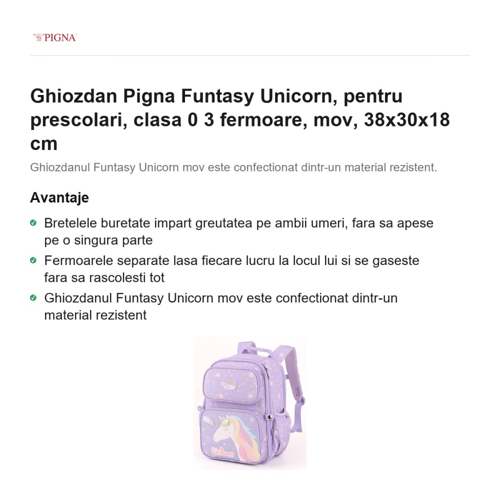 Ghiozdan Pigna Funtasy Unicorn, pentru prescolari, 3 fermoare, mov, 38x30x18 cm [2]