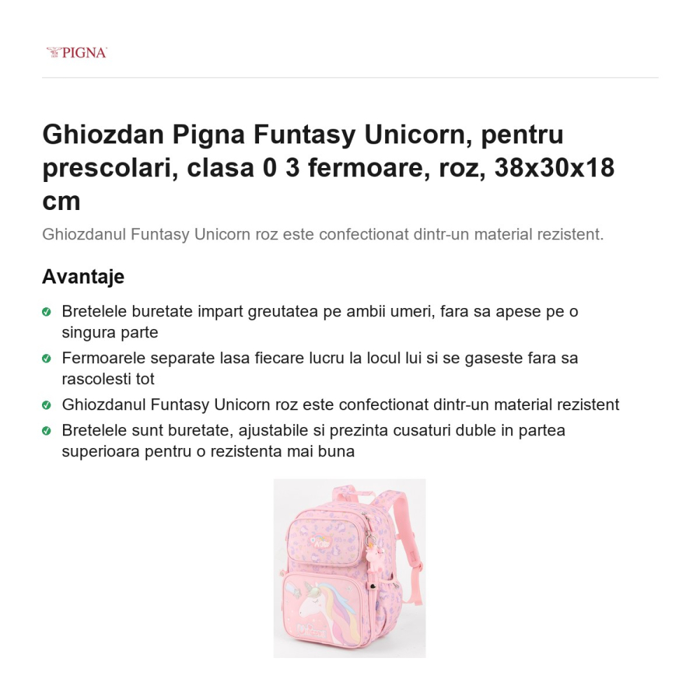 Ghiozdan Pigna Funtasy Unicorn, pentru prescolari, 3 fermoare, roz, 38x30x18 cm [2]