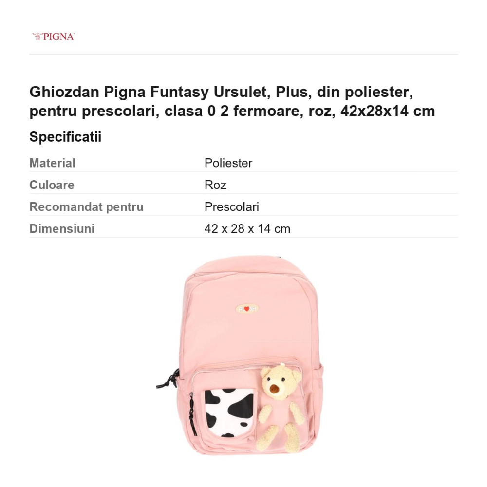 Ghiozdan Pigna Funtasy Ursulet, din poliester, pentru prescolari, plus 2 fermoare, roz, 42x28x14 cm [3]