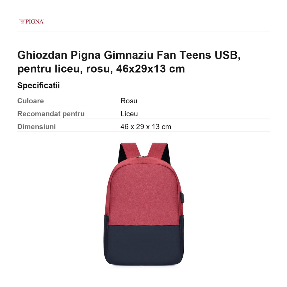 Ghiozdan Pigna Gimnaziu Fan Teens USB, pentru liceu, rosu, 46x29x13 cm [3]