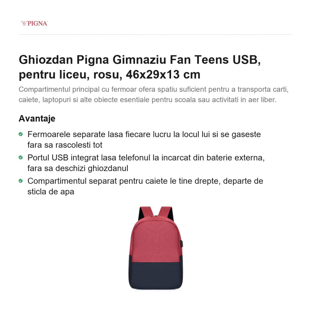 Ghiozdan Pigna Gimnaziu Fan Teens USB, pentru liceu, rosu, 46x29x13 cm [2]