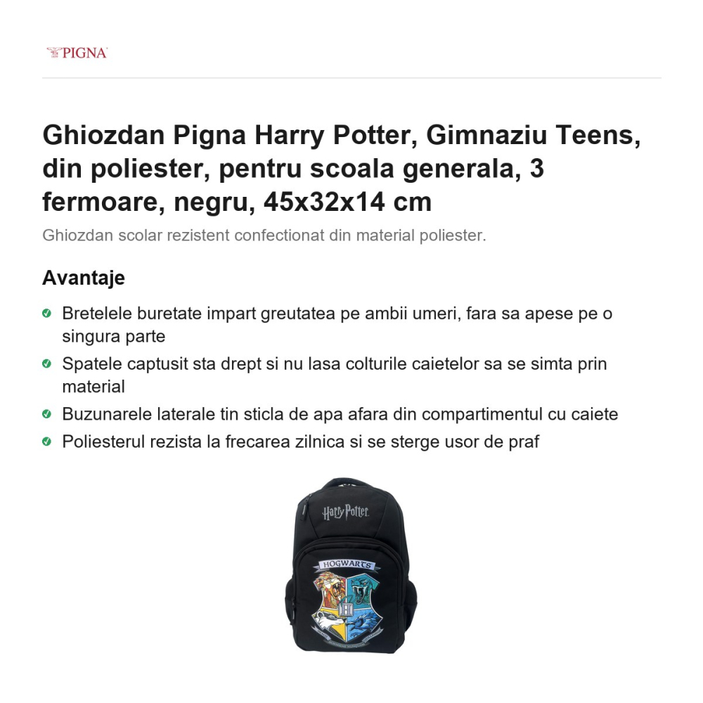 Ghiozdan Pigna Harry Potter, din poliester, pentru scoala generala, teens 3 fermoare, negru, 45x32x14 cm [2]