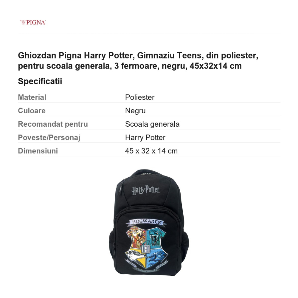 Ghiozdan Pigna Harry Potter, din poliester, pentru scoala generala, teens 3 fermoare, negru, 45x32x14 cm [3]