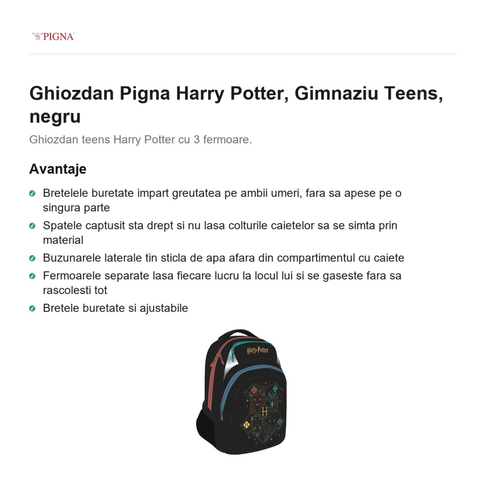Ghiozdan Pigna Harry Potter, gimnaziu teens, negru [2]