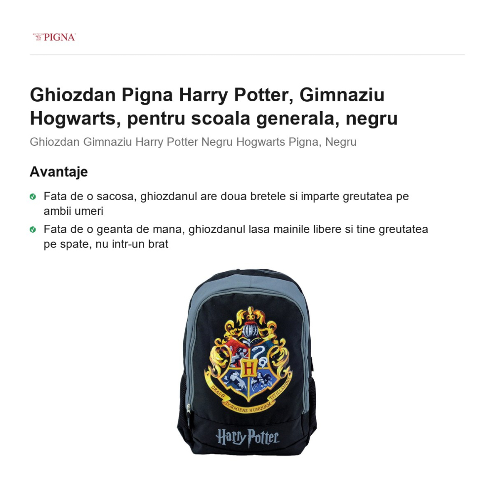 Ghiozdan Pigna Harry Potter, pentru scoala generala, hogwarts, negru [2]