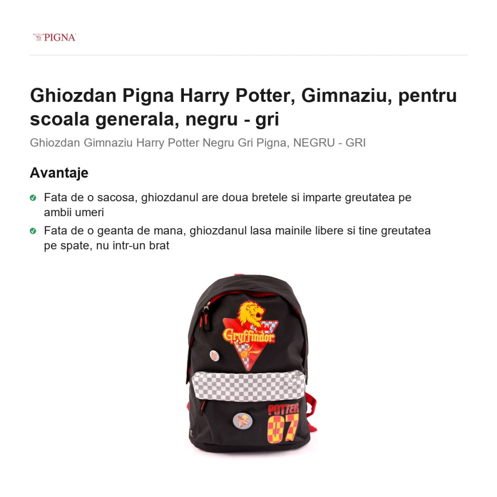 Ghiozdan Pigna Harry Potter, pentru scoala generala, negru - gri [2]