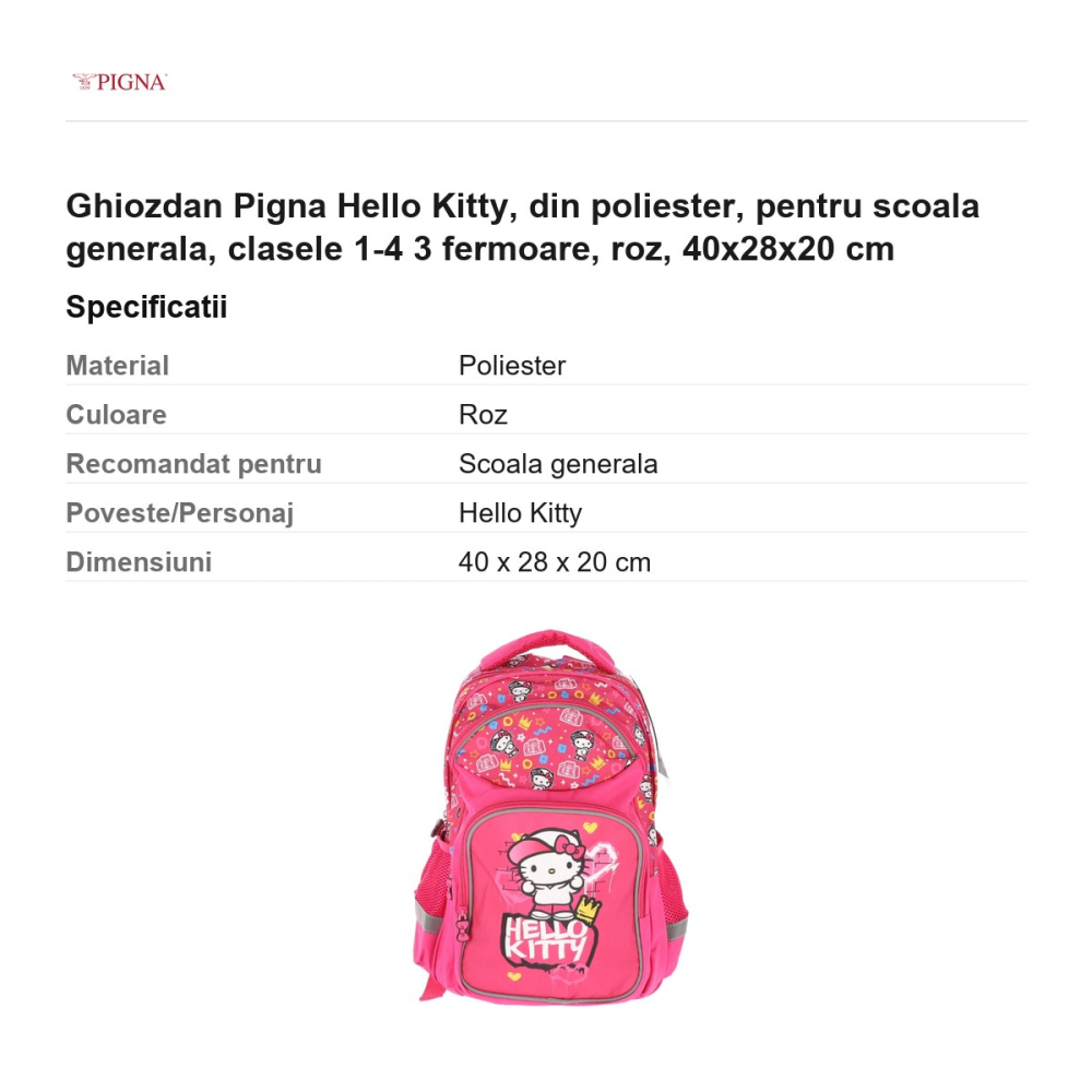Ghiozdan Pigna Hello Kitty, din poliester, pentru scoala generala, 3 fermoare, roz, 40x28x20 cm [3]