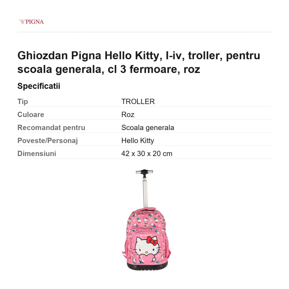 Ghiozdan Pigna Hello Kitty, troller, pentru scoala generala, cl I-IV 3 fermoare, roz [3]