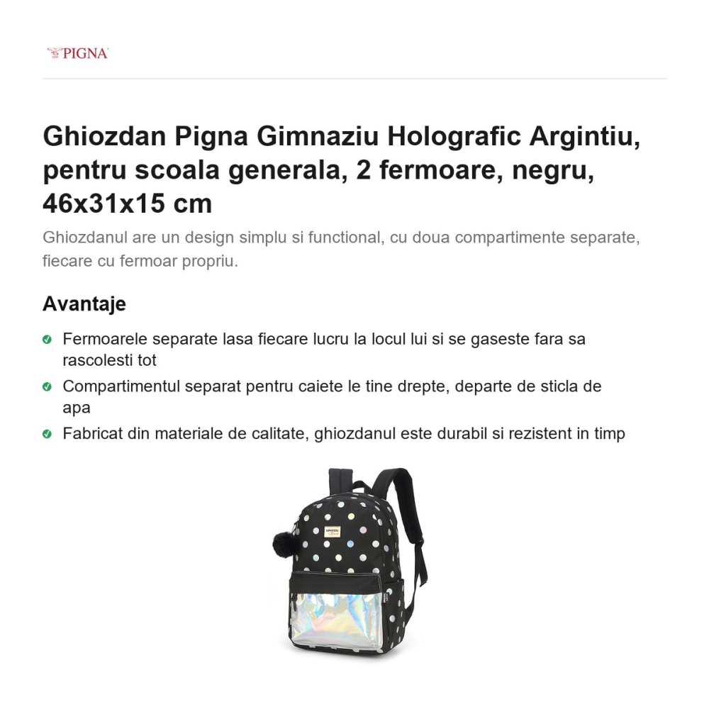 Ghiozdan Pigna Holografic Argintiu, pentru scoala generala, 2 fermoare, negru, 46x31x15 cm [2]