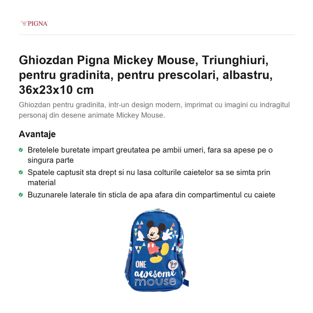 Ghiozdan Pigna Mickey Mouse, pentru gradinita, triunghiuri, albastru, 36x23x10 cm [2]