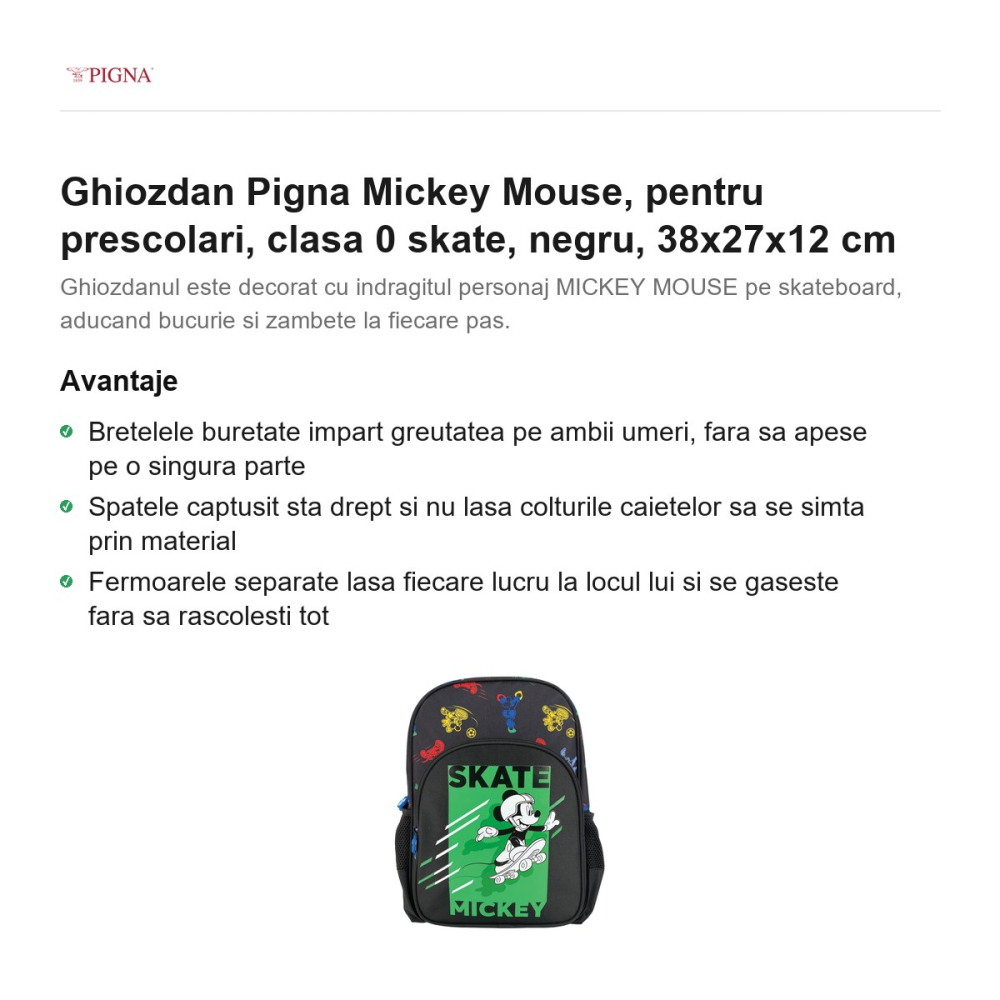 Ghiozdan Pigna Mickey Mouse, pentru prescolari, skate, negru, 38x27x12 cm [2]