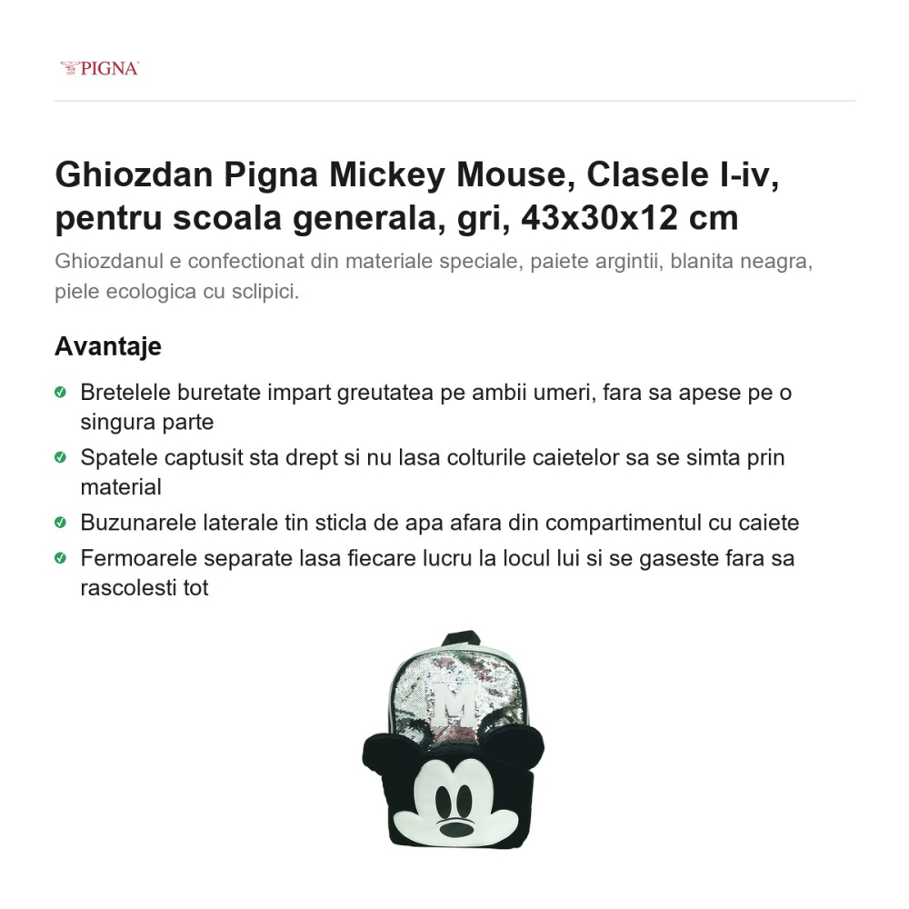Ghiozdan Pigna Mickey Mouse, pentru scoala generala, I-IV, gri, 43x30x12 cm [2]