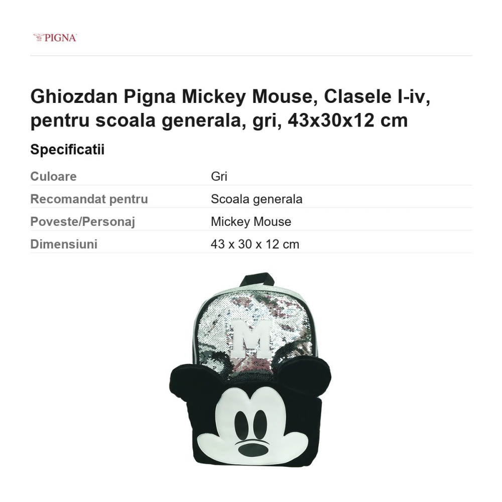 Ghiozdan Pigna Mickey Mouse, pentru scoala generala, I-IV, gri, 43x30x12 cm [3]
