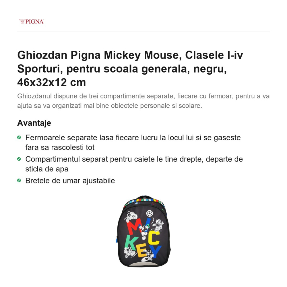 Ghiozdan Pigna Mickey Mouse, pentru scoala generala, I-IV sporturi, negru, 46x32x12 cm [2]