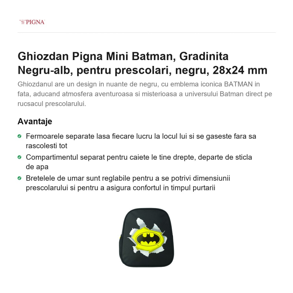 Ghiozdan Pigna Mini Batman, pentru prescolari, negru-alb, negru, 28x24 mm [2]