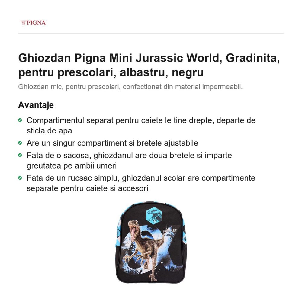 Ghiozdan Pigna Mini Jurassic World, pentru prescolari, albastru, negru [2]