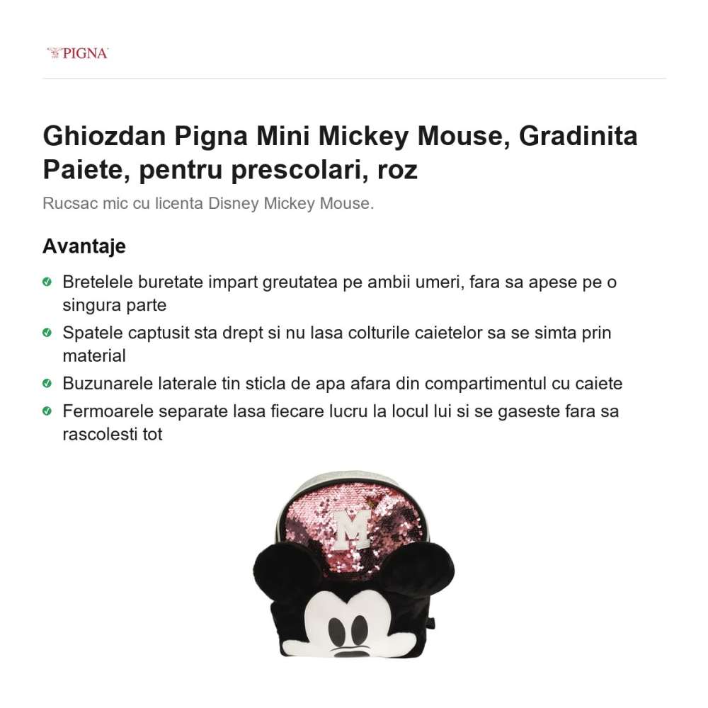 Ghiozdan Pigna Mini Mickey Mouse, pentru prescolari, paiete, roz [2]