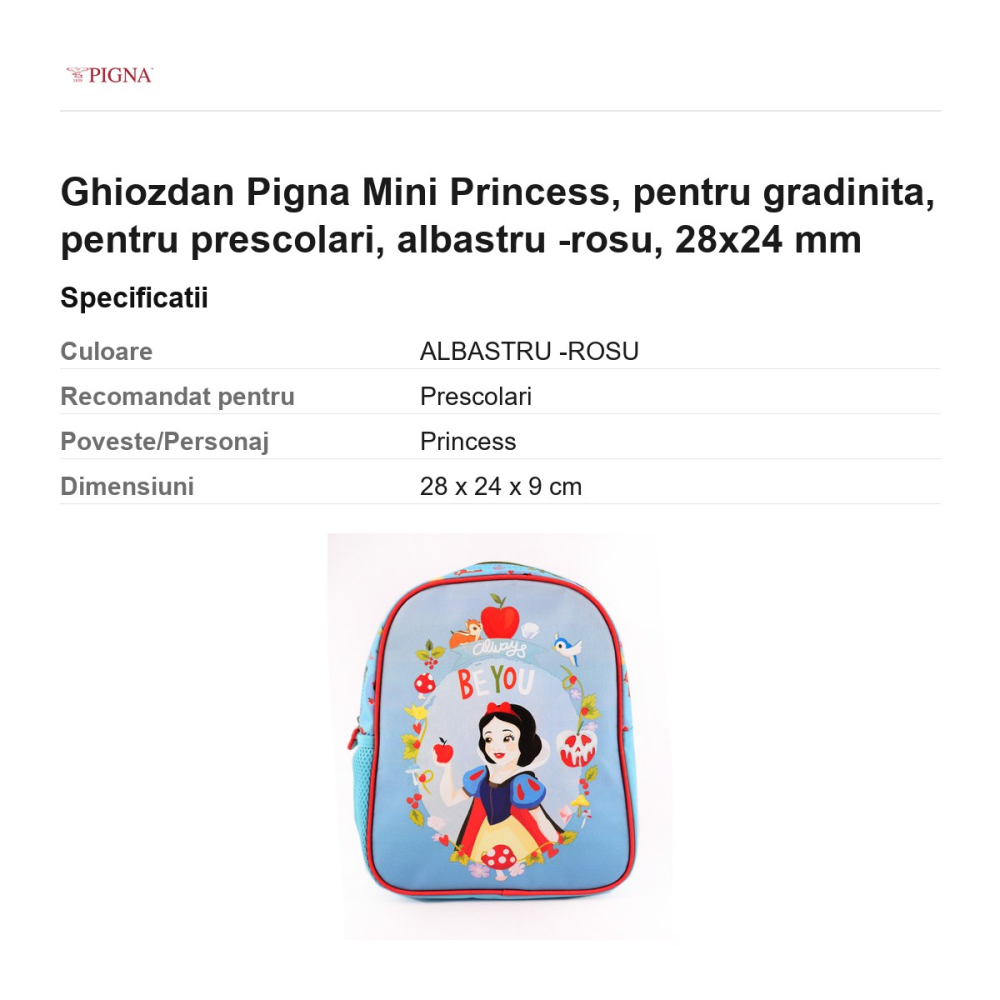 Ghiozdan Pigna Mini Princess, pentru gradinita, albastru -rosu, 28x24 mm [3]