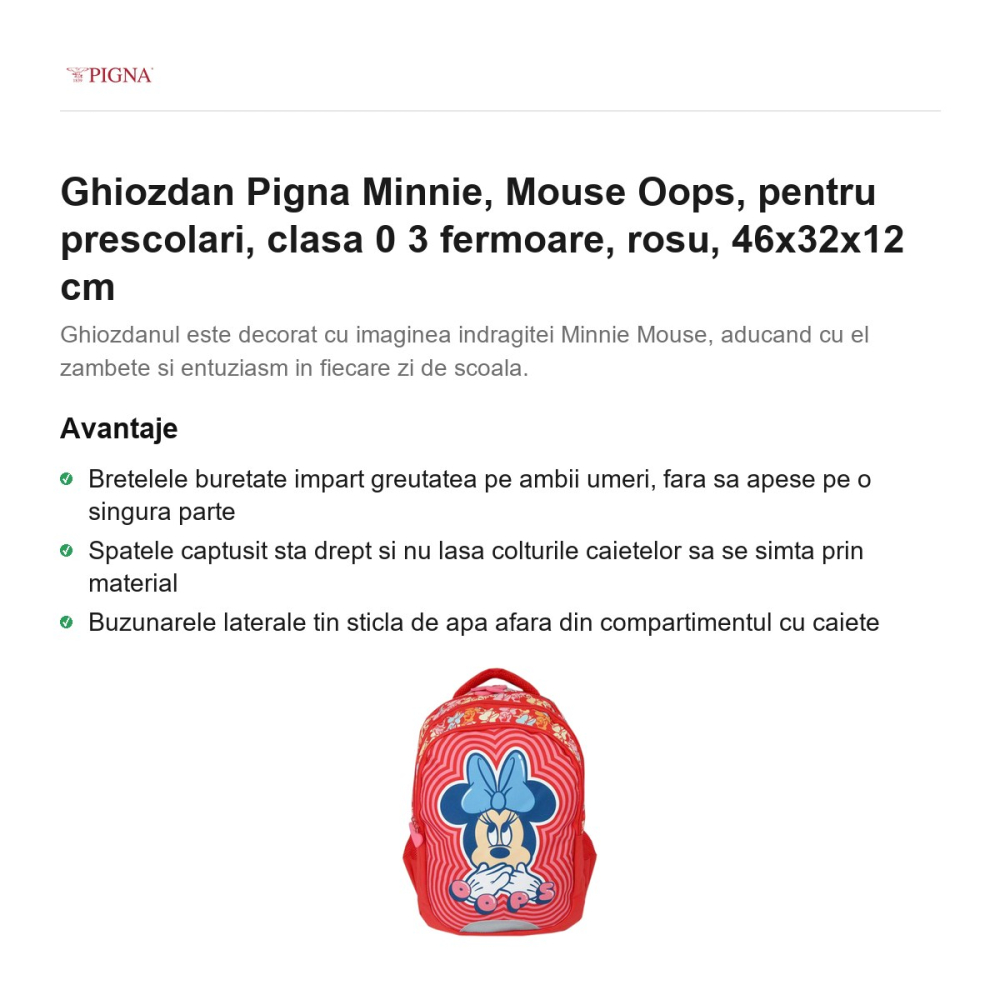 Ghiozdan Pigna Minnie, pentru prescolari, mouse oops 3 fermoare, rosu, 46x32x12 cm [2]