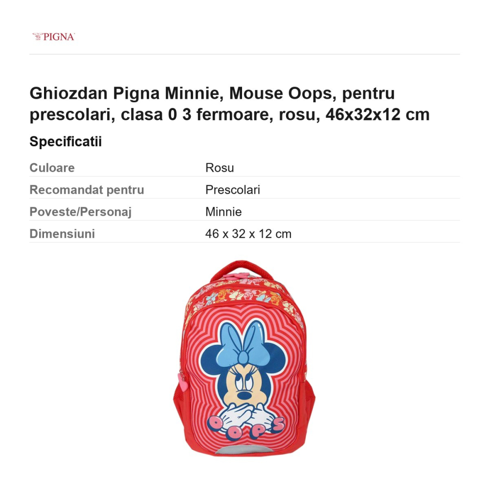 Ghiozdan Pigna Minnie, pentru prescolari, mouse oops 3 fermoare, rosu, 46x32x12 cm [3]