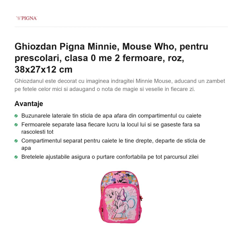 Ghiozdan Pigna Minnie, pentru prescolari, mouse who me 2 fermoare, roz, 38x27x12 cm [2]