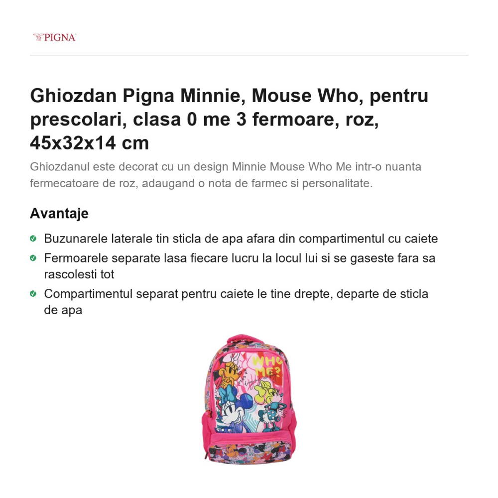 Ghiozdan Pigna Minnie, pentru prescolari, mouse who me 3 fermoare, roz, 45x32x14 cm [2]
