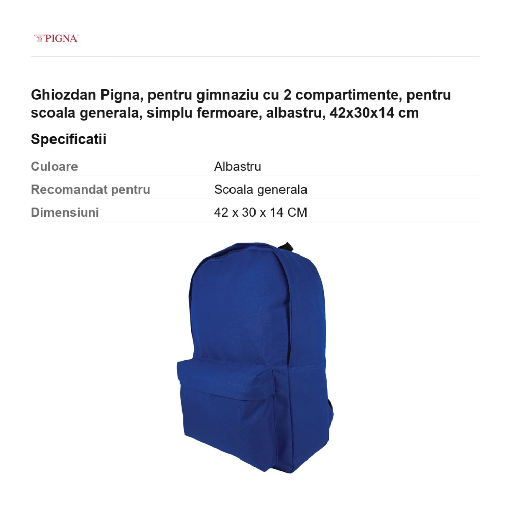 Ghiozdan Pigna, pentru gimnaziu cu 2 compartimente, simplu fermoare, albastru, 42x30x14 cm [3]