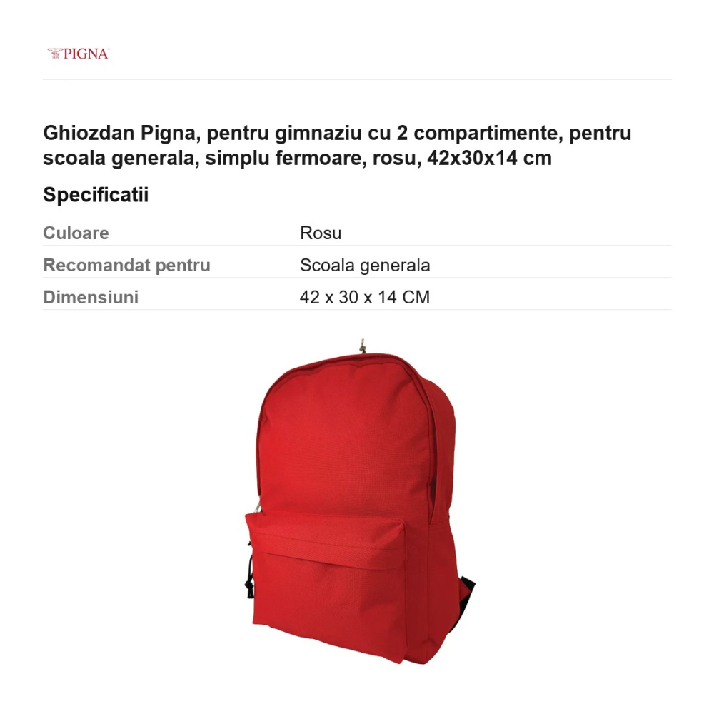 Ghiozdan Pigna, pentru gimnaziu cu 2 compartimente, simplu fermoare, rosu, 42x30x14 cm [3]