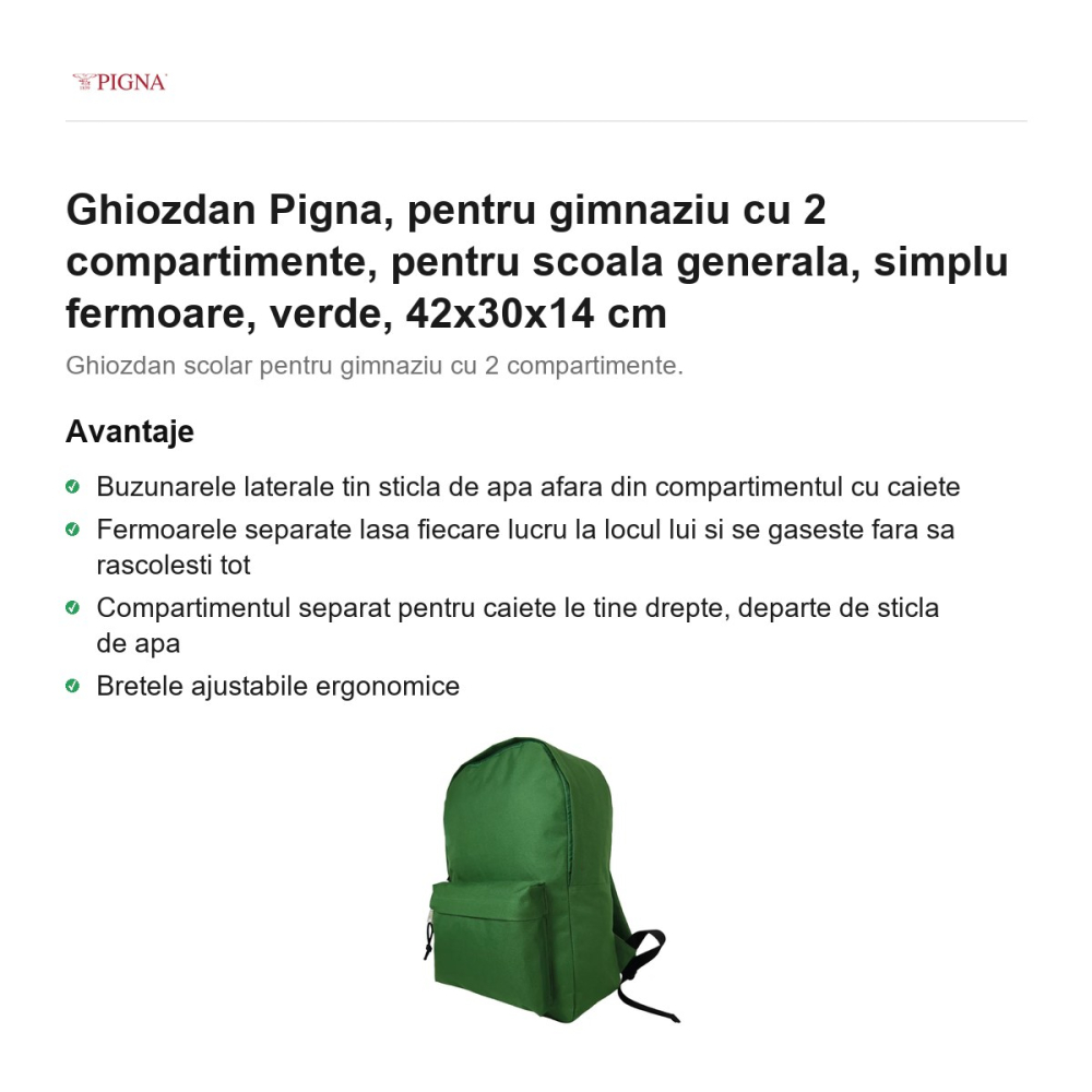 Ghiozdan Pigna, pentru gimnaziu cu 2 compartimente, simplu fermoare, verde, 42x30x14 cm [2]