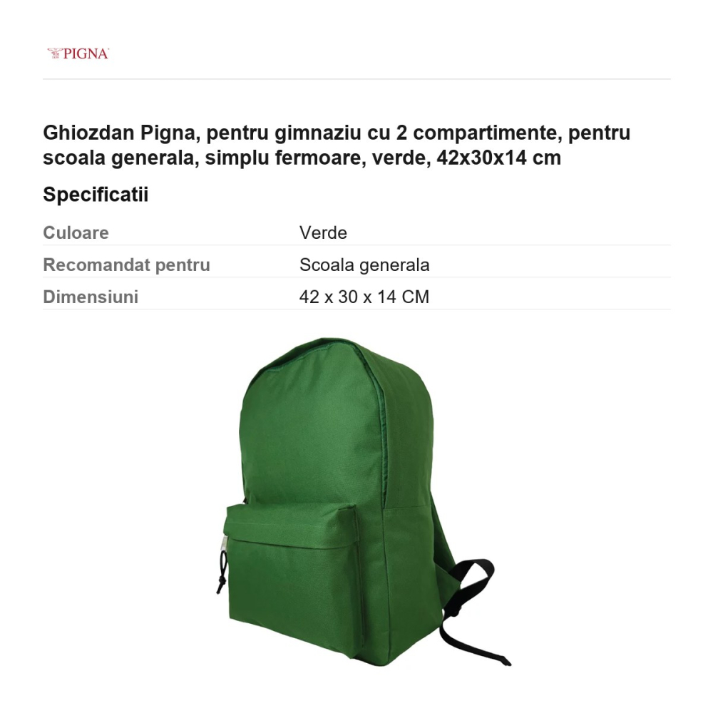 Ghiozdan Pigna, pentru gimnaziu cu 2 compartimente, simplu fermoare, verde, 42x30x14 cm [3]
