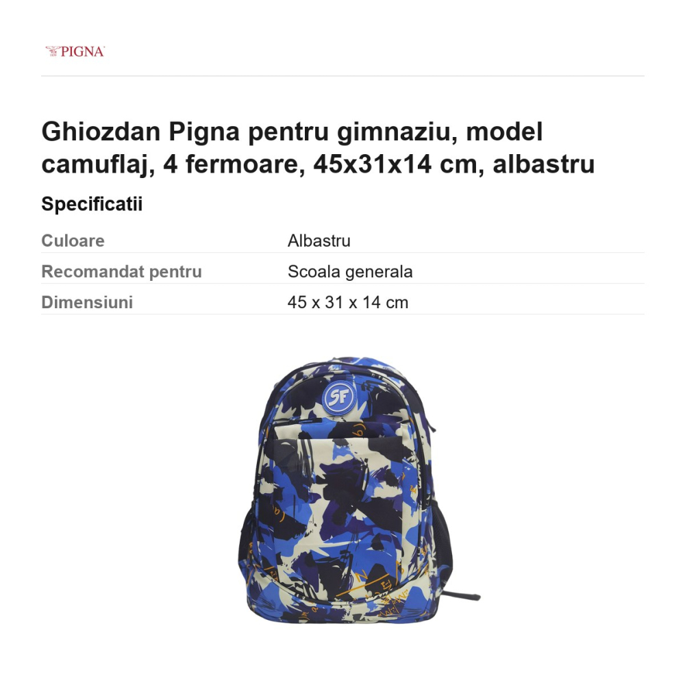 Ghiozdan Pigna pentru gimnaziu, model camuflaj, 4 fermoare, 45x31x14 cm, albastru [3]