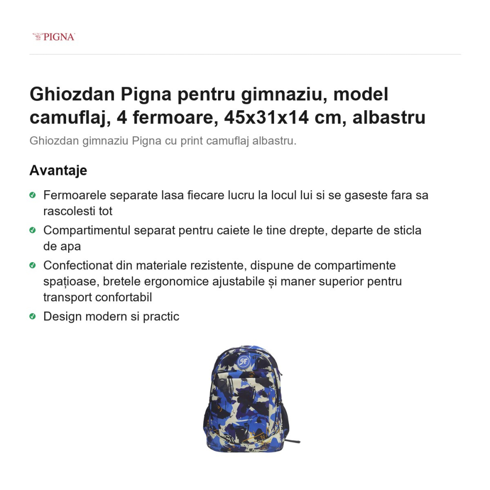 Ghiozdan Pigna pentru gimnaziu, model camuflaj, 4 fermoare, 45x31x14 cm, albastru [2]