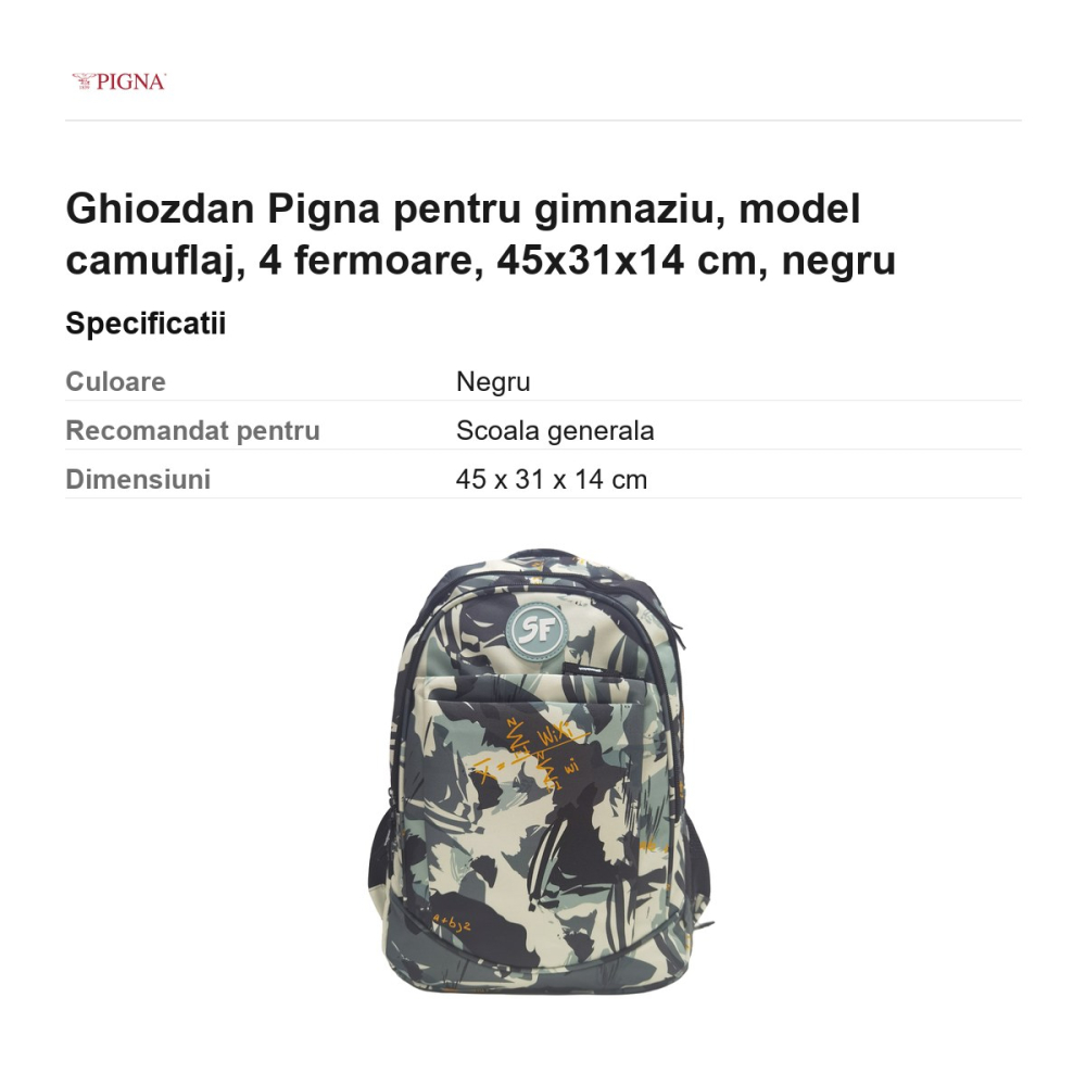 Ghiozdan Pigna pentru gimnaziu, model camuflaj, 4 fermoare, 45x31x14 cm, negru [3]