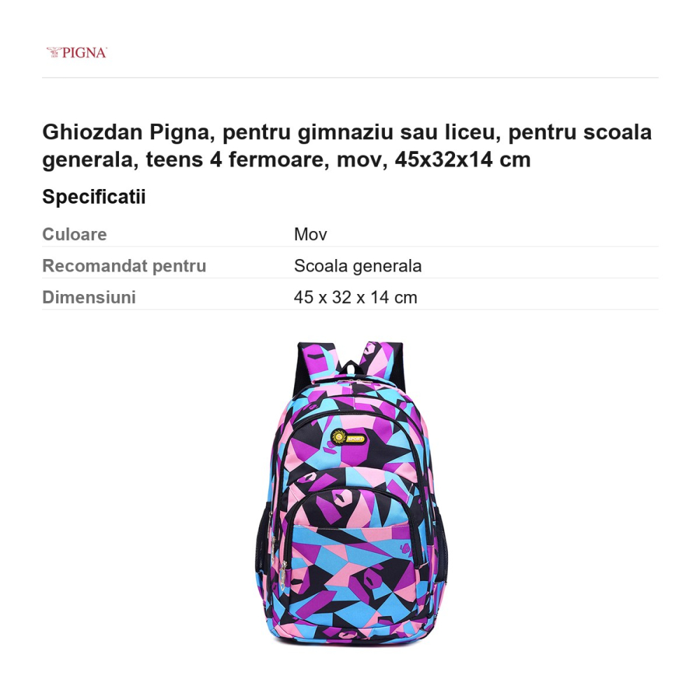 Ghiozdan Pigna, pentru gimnaziu sau liceu, teens 4 fermoare, mov, 45x32x14 cm [3]