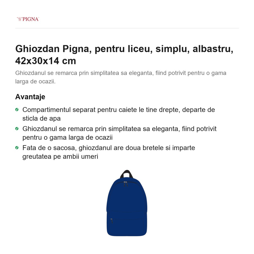 Ghiozdan Pigna, pentru liceu, simplu, albastru, 42x30x14 cm [2]