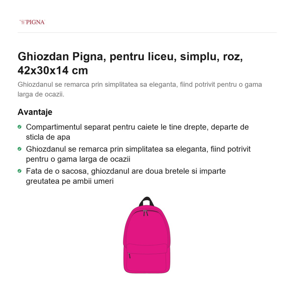 Ghiozdan Pigna, pentru liceu, simplu, roz, 42x30x14 cm [2]