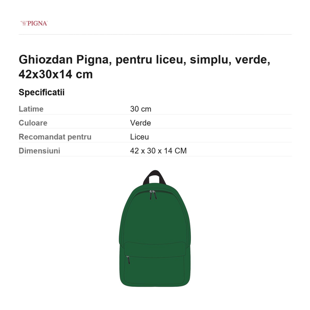 Ghiozdan Pigna, pentru liceu, simplu, verde, 42x30x14 cm [3]