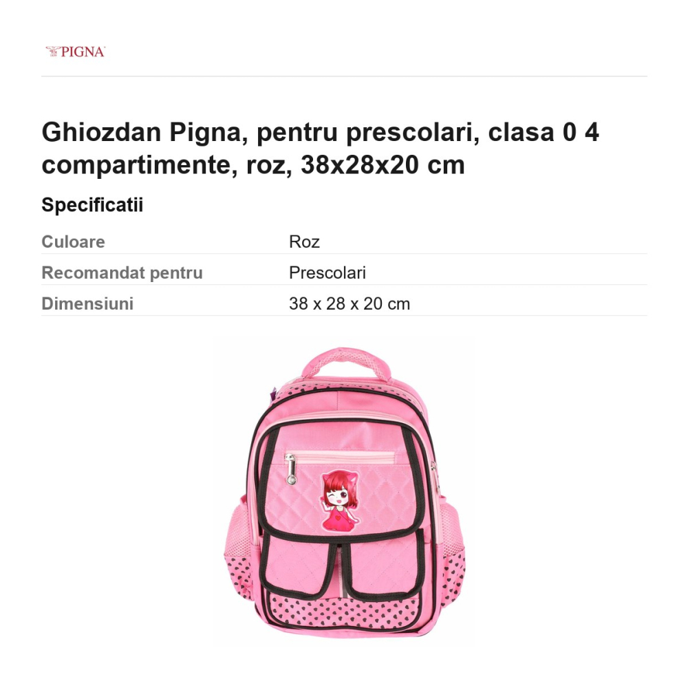 Ghiozdan Pigna, pentru prescolari, 4 compartimente, roz, 38x28x20 cm [3]