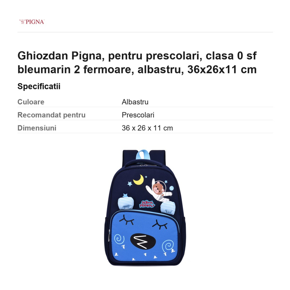 Ghiozdan Pigna, pentru prescolari, sf bleumarin 2 fermoare, albastru, 36x26x11 cm [3]