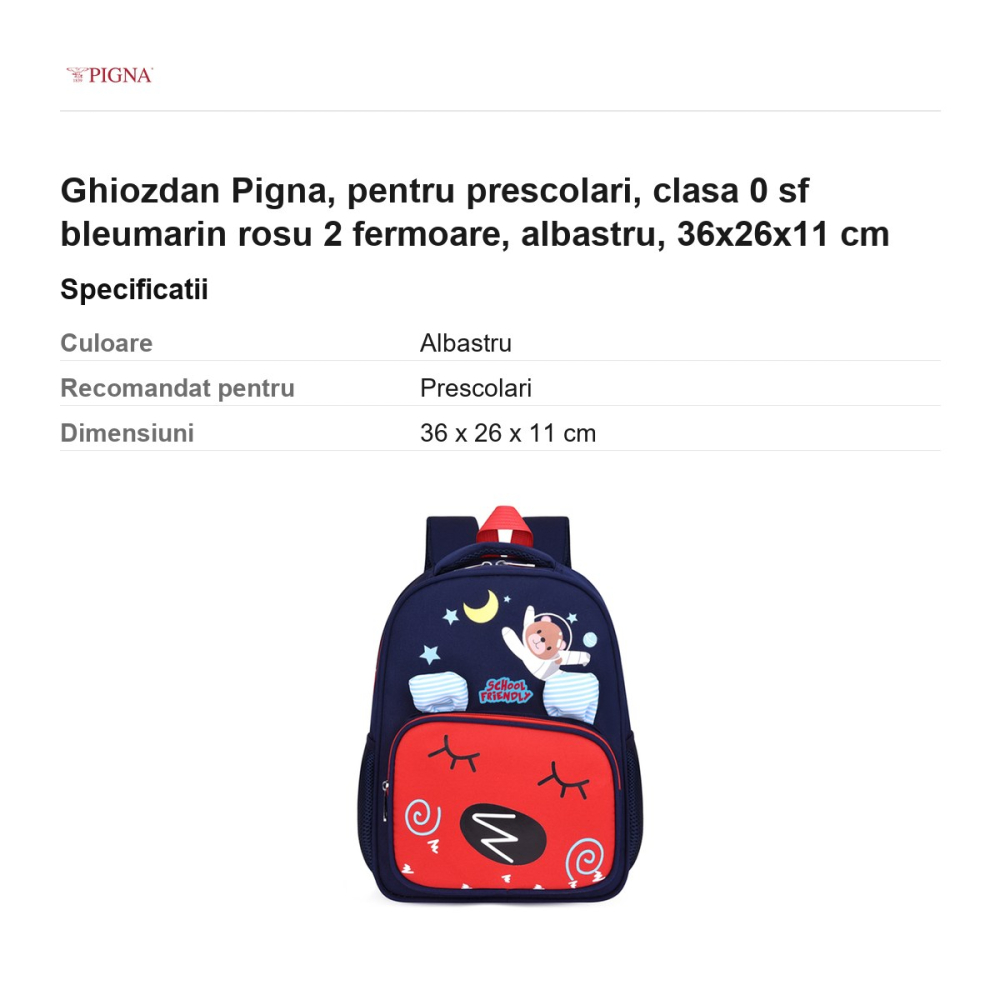 Ghiozdan Pigna, pentru prescolari, sf bleumarin rosu 2 fermoare, albastru, 36x26x11 cm [3]