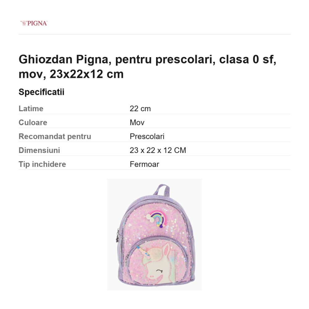 Ghiozdan Pigna, pentru prescolari, sf, mov, 23x22x12 cm [3]