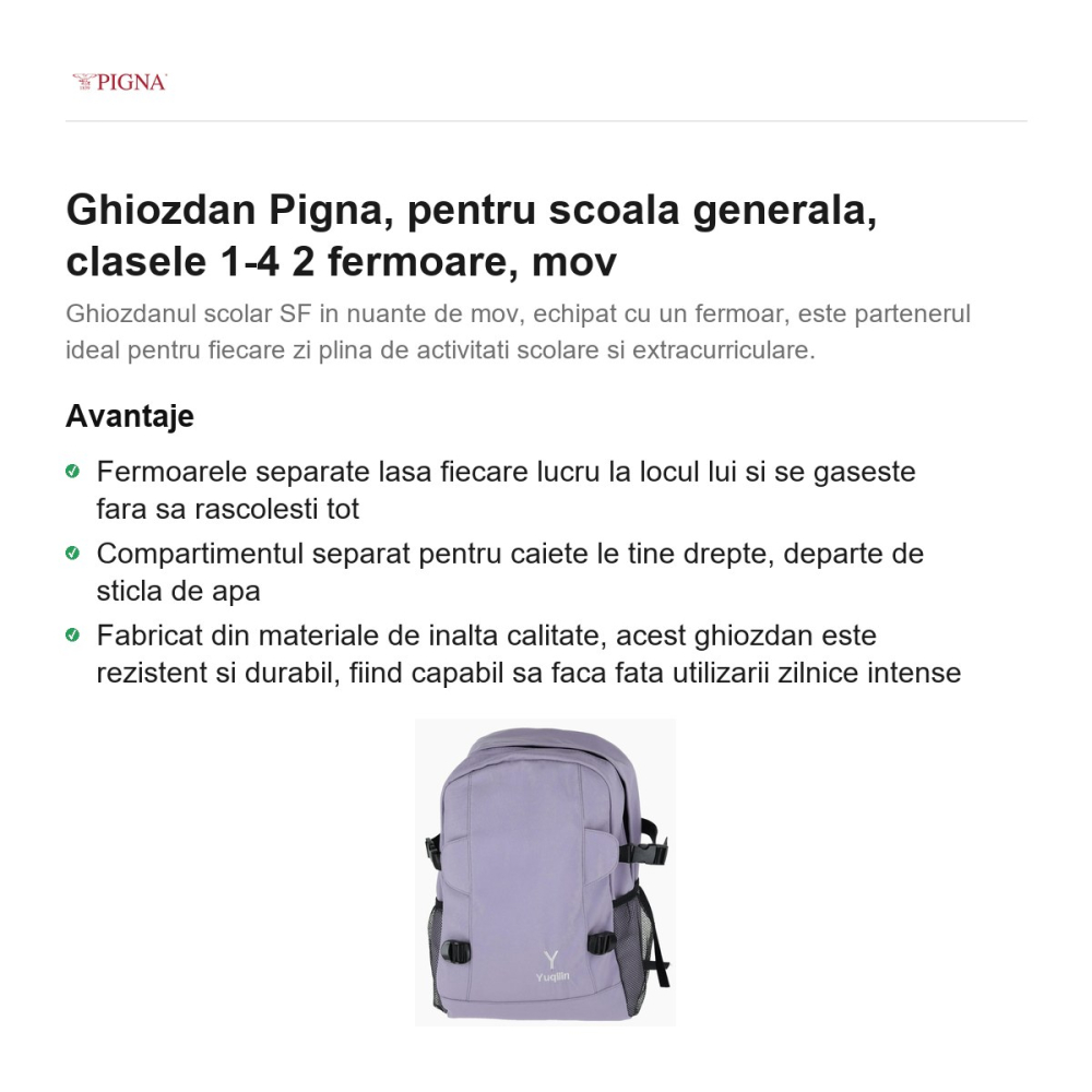 Ghiozdan Pigna, pentru scoala generala, 2 fermoare, mov [2]